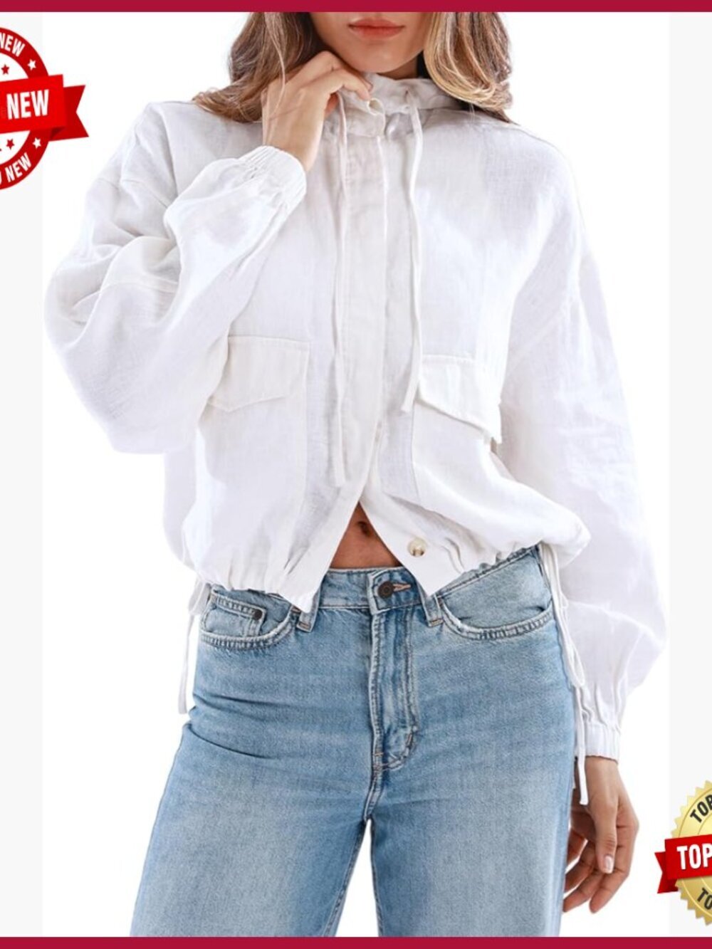 Pure Linen Hooded Jacket Button Front Drawstring Hem Long Sleeve